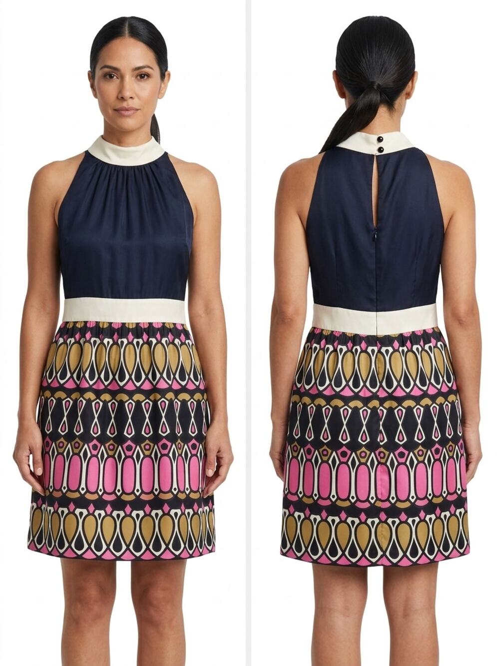 Milly 100% Silk Navy Collared Mini Lined Halter Dress Women Size 8